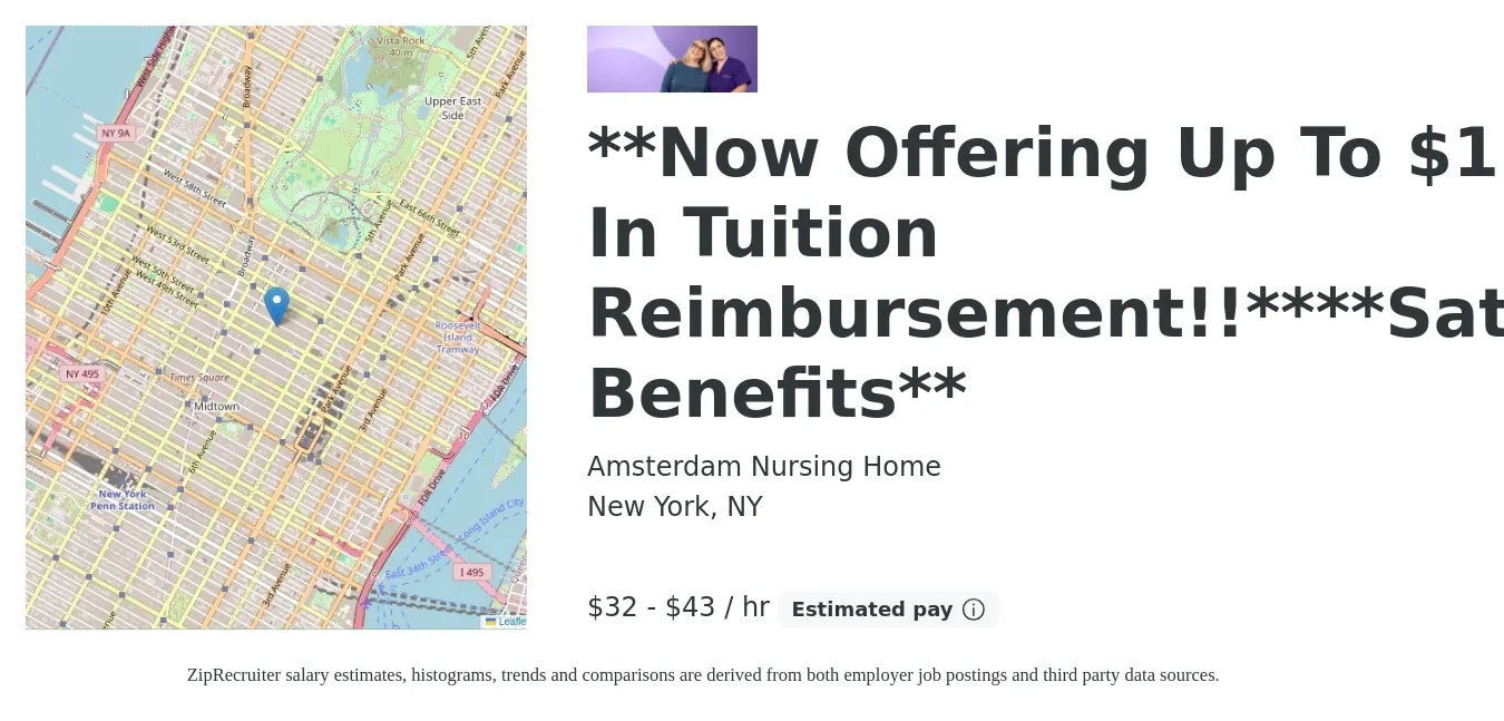 Amsterdam Nursing Home job posting for a **Now Offering Up To $12,000 In Tuition Reimbursement!!****Satisfying Benefits** in New York, NY with a salary of $33 to $45 Hourly with a map of New York location.