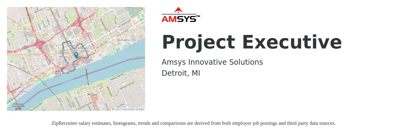 Amsys Innovative Solutions job posting for a Project Executive in Detroit, MI with a salary of $129,400 to $179,700 Yearly with a map of Detroit location.
