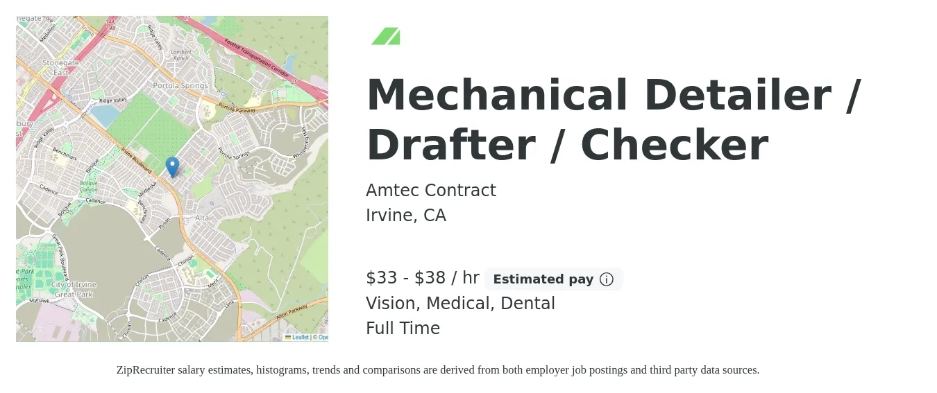 Amtec Contract job posting for a Mechanical Detailer / Drafter / Checker in Irvine, CA with a salary of $35 to $40 Hourly and benefits including vision, dental, and medical with a map of Irvine location.