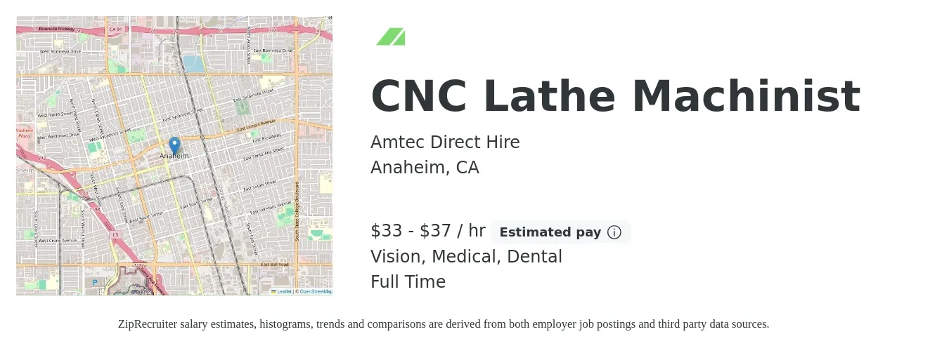 Amtec Direct Hire job posting for a CNC Lathe Machinist in Anaheim, CA with a salary of $35 to $39 Hourly and benefits including retirement, vision, dental, life_insurance, medical, and pto with a map of Anaheim location.