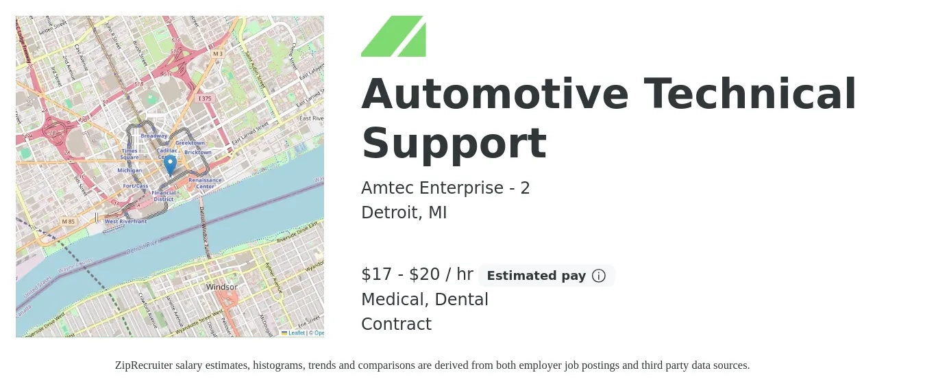 Amtec Enterprise - 2 job posting for a Automotive Technical Support in Detroit, MI with a salary of $18 to $21 Hourly and benefits including dental, and medical with a map of Detroit location.