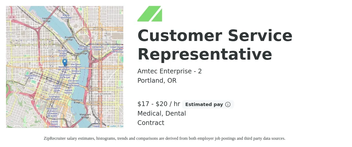 Amtec Enterprise - 2 job posting for a Customer Service Representative in Portland, OR with a salary of $19 to $22 Hourly and benefits including dental, and medical with a map of Portland location.