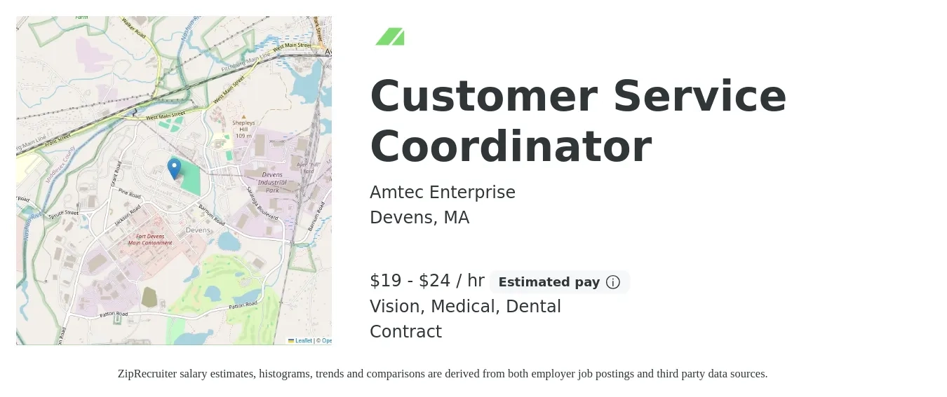 Amtec Enterprise job posting for a Customer Service Coordinator in Devens, MA with a salary of $20 to $25 Hourly and benefits including dental, medical, and vision with a map of Devens location.