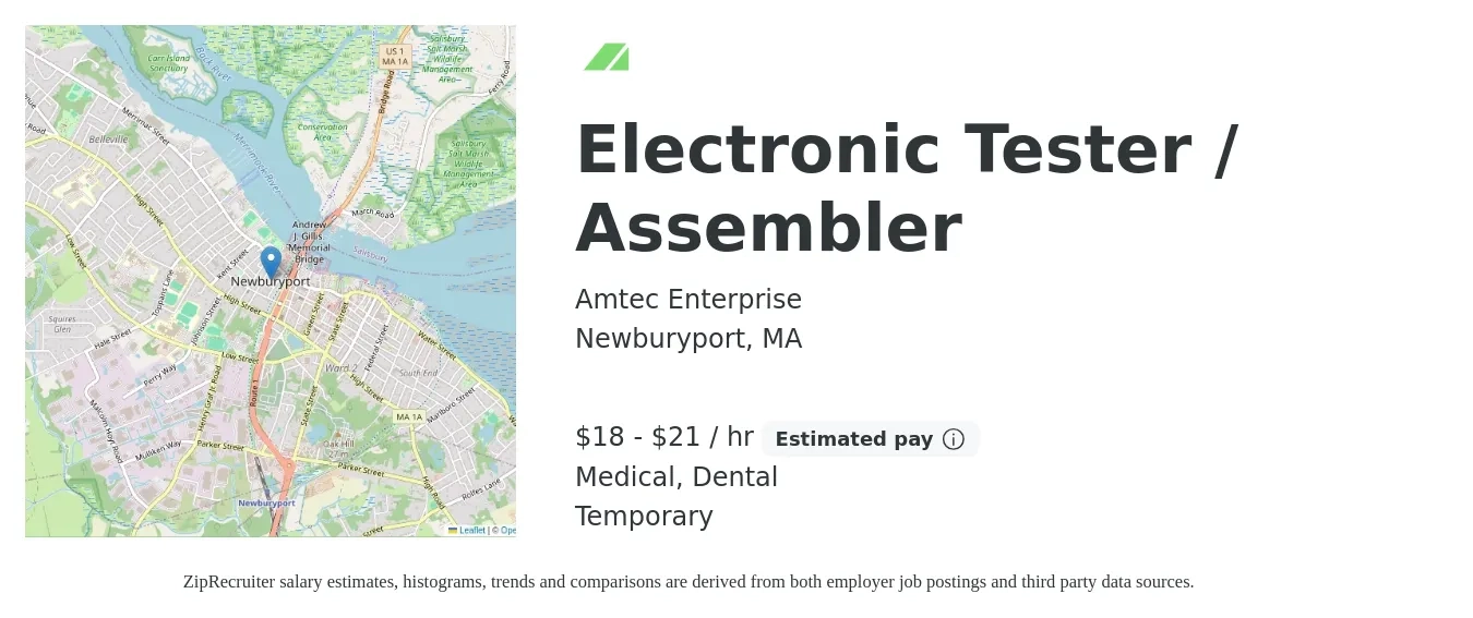 Amtec Enterprise job posting for a Electronic Tester / Assembler in Newburyport, MA with a salary of $20 to $22 Hourly and benefits including dental, and medical with a map of Newburyport location.