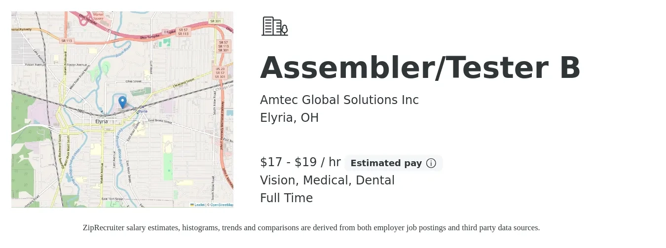 Amtec Global Solutions Inc job posting for a Assembler/Tester B in Elyria, OH with a salary of $18 to $20 Hourly and benefits including dental, life_insurance, medical, pto, retirement, and vision with a map of Elyria location.