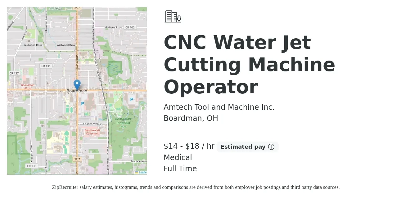 Amtech Tool and Machine Inc. job posting for a CNC Water Jet Cutting Machine Operator in Boardman, OH with a salary of $15 to $19 Hourly and benefits including life_insurance, medical, pto, and retirement with a map of Boardman location.