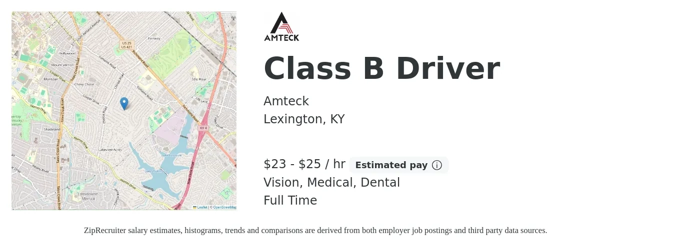 Amteck job posting for a Class B Driver in Lexington, KY with a salary of $24 to $27 Hourly and benefits including dental, life_insurance, medical, retirement, and vision with a map of Lexington location.