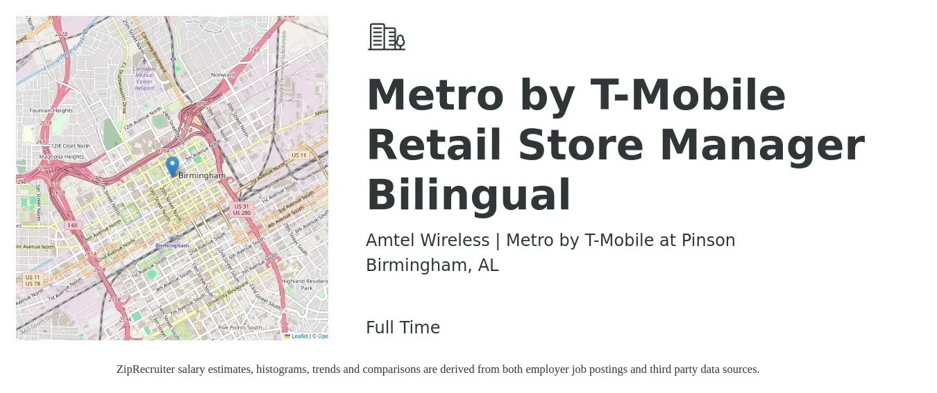 Amtel Wireless | Metro by T-Mobile at Pinson job posting for a Metro by T-Mobile Retail Store Manager Bilingual in Birmingham, AL with a salary of $17 to $26 Hourly with a map of Birmingham location.