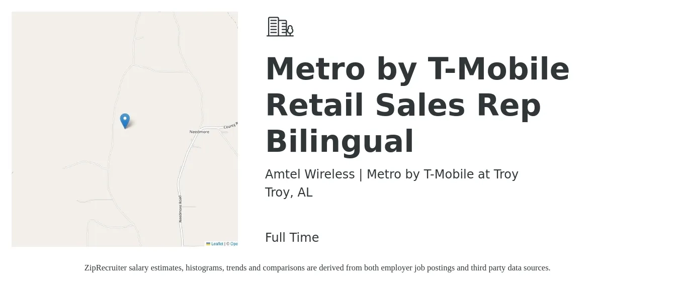 Amtel Wireless | Metro by T-Mobile at Troy job posting for a Metro by T-Mobile Retail Sales Rep Bilingual in Troy, AL with a salary of $12 to $18 Hourly with a map of Troy location.