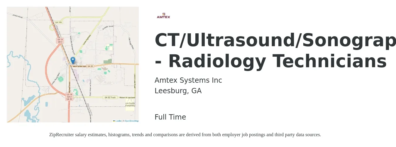 Amtex Systems Inc job posting for a CT/Ultrasound/Sonographer/MRI - Radiology Technicians in Leesburg, GA with a salary of $1,300 to $2,200 Weekly with a map of Leesburg location.