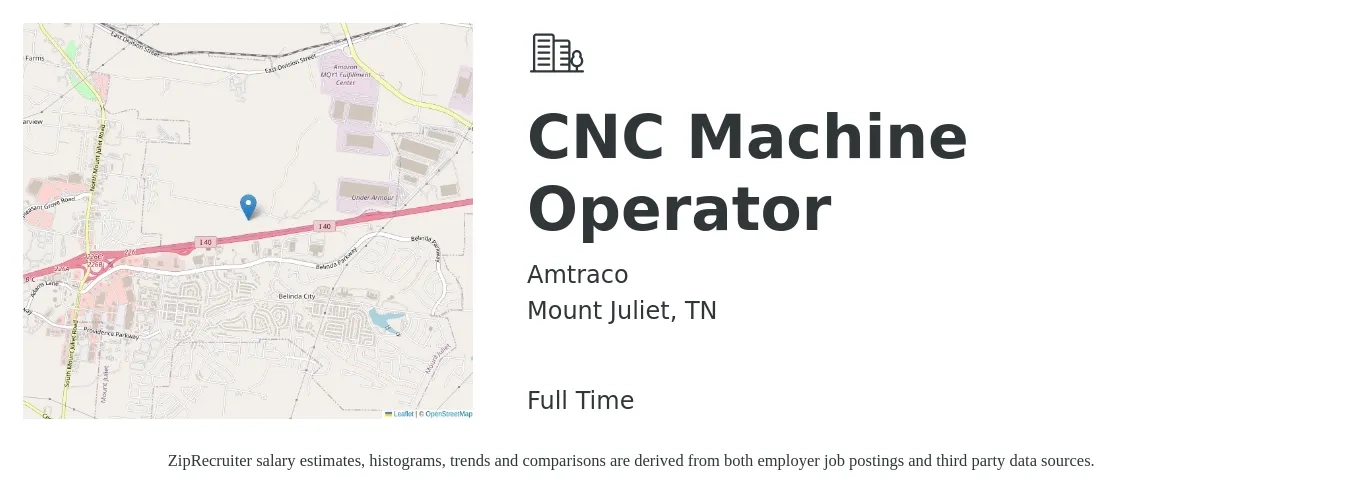 Amtraco job posting for a CNC Machine Operator in Mount Juliet, TN with a salary of $18 to $19 Hourly with a map of Mount Juliet location.