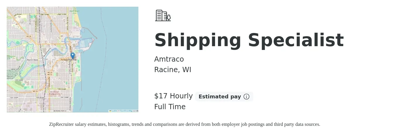 Amtraco job posting for a Shipping Specialist in Racine, WI with a salary of $18 to $18 Hourly with a map of Racine location.