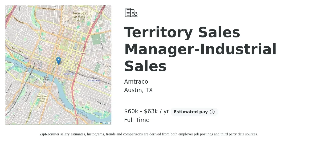 Amtraco job posting for a Territory Sales Manager-Industrial Sales in Austin, TX with a salary of $60,000 to $63,500 Yearly with a map of Austin location.