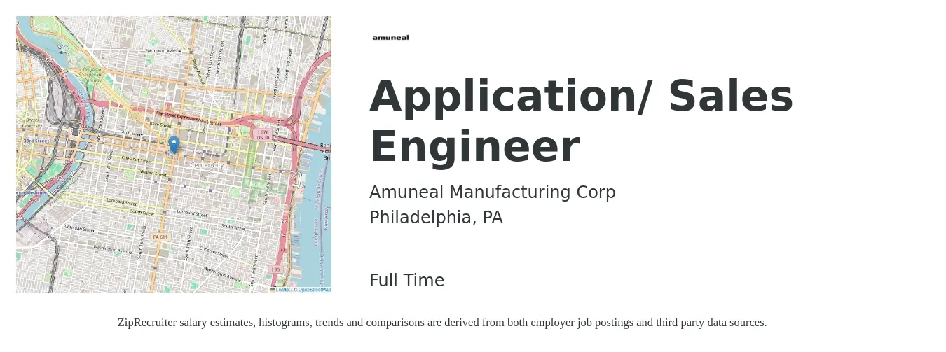 Amuneal Manufacturing Corp job posting for a Application/ Sales Engineer in Philadelphia, PA with a salary of $99,900 to $123,400 Yearly with a map of Philadelphia location.