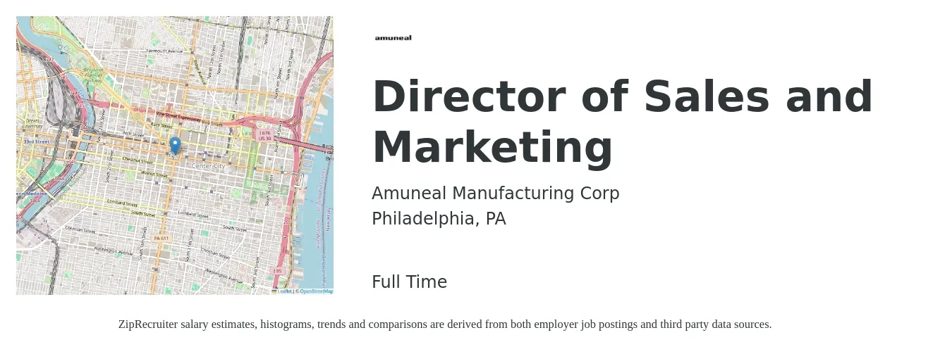 Amuneal Manufacturing Corp job posting for a Director of Sales and Marketing in Philadelphia, PA with a salary of $61,000 to $109,900 Yearly with a map of Philadelphia location.