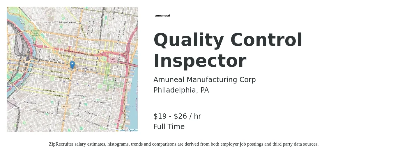 Amuneal Manufacturing Corp job posting for a Quality Control Inspector in Philadelphia, PA with a salary of $20 to $28 Hourly with a map of Philadelphia location.