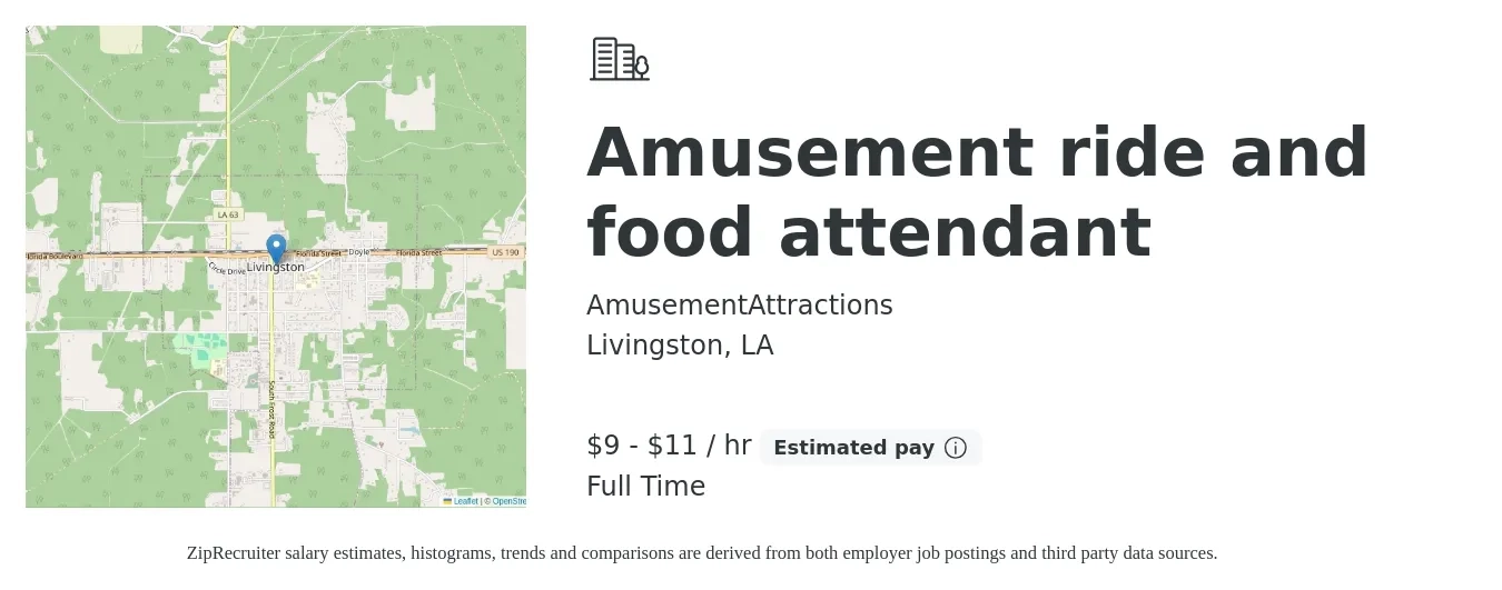 AmusementAttractions job posting for a Amusement ride and food attendant in Livingston, LA with a salary of $10 to $12 Hourly with a map of Livingston location.