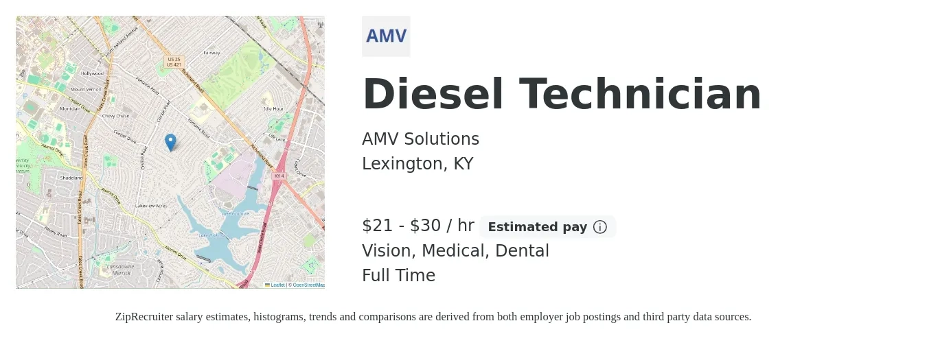 AMV Solutions job posting for a Diesel Technician in Lexington, KY with a salary of $22 to $32 Hourly and benefits including dental, life_insurance, medical, pto, retirement, and vision with a map of Lexington location.