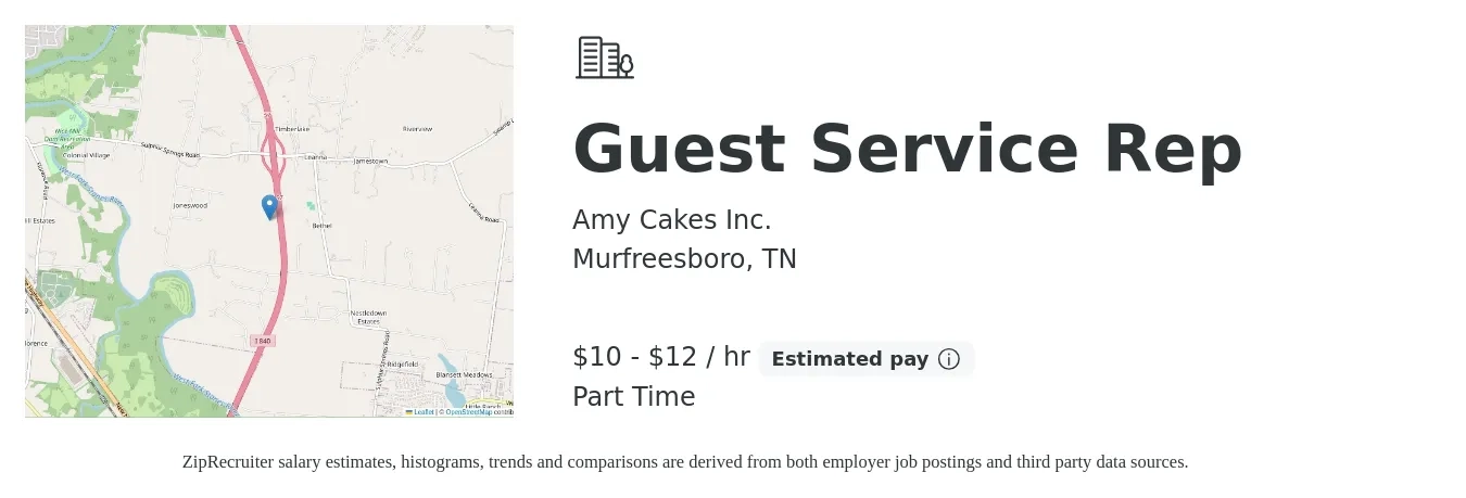 Amy Cakes Inc. job posting for a Guest Service Rep in Murfreesboro, TN with a salary of $11 to $13 Hourly with a map of Murfreesboro location.