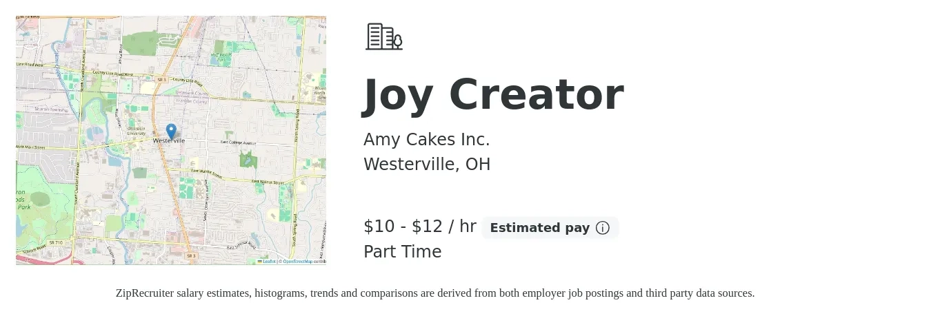 Amy Cakes Inc. job posting for a Joy Creator in Westerville, OH with a salary of $24 to $50 Hourly with a map of Westerville location.