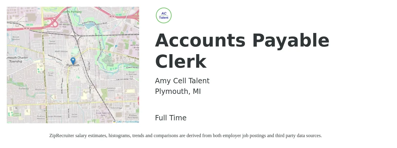 Amy Cell Talent job posting for a Accounts Payable Clerk in Plymouth, MI with a salary of $18 to $23 Hourly with a map of Plymouth location.