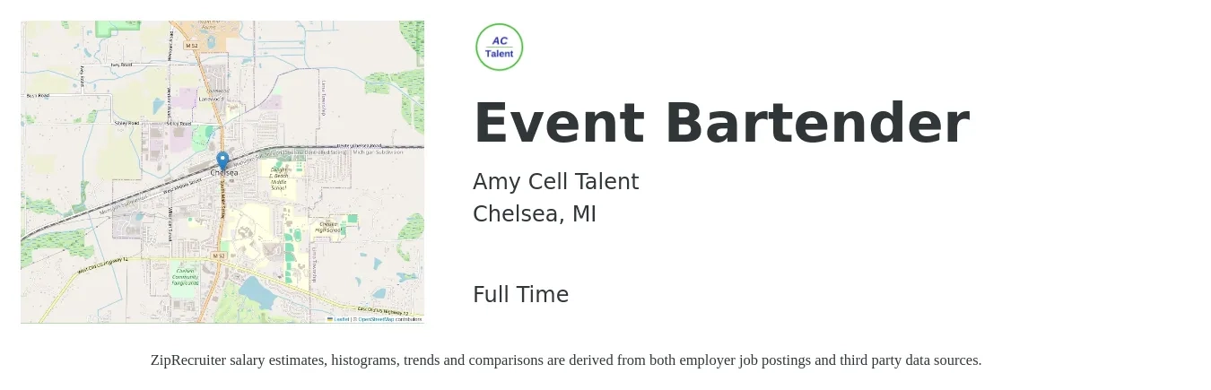 Amy Cell Talent job posting for a Event Bartender in Chelsea, MI with a salary of $10 to $18 Hourly with a map of Chelsea location.