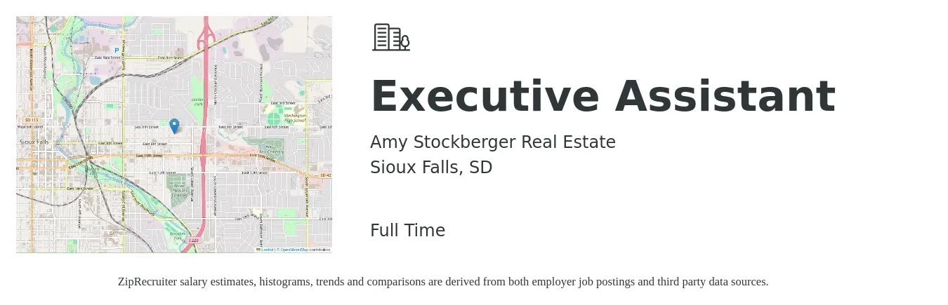 Amy Stockberger Real Estate job posting for a Executive Assistant in Sioux Falls, SD with a salary of $49,700 to $74,600 Yearly with a map of Sioux Falls location.