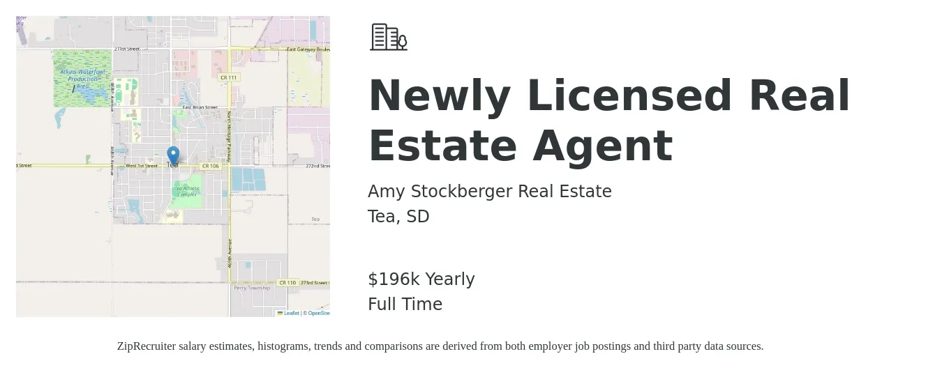 Amy Stockberger Real Estate job posting for a Newly Licensed Real Estate Agent in Tea, SD with a salary of $196,492 Yearly with a map of Tea location.