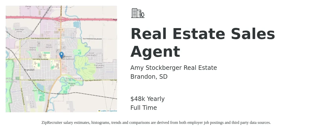 Amy Stockberger Real Estate job posting for a Real Estate Sales Agent in Brandon, SD with a salary of $48,227 Yearly with a map of Brandon location.