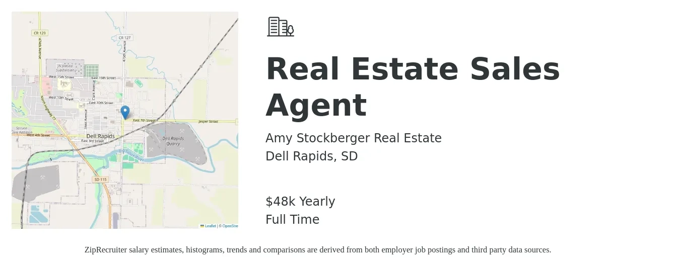 Amy Stockberger Real Estate job posting for a Real Estate Sales Agent in Dell Rapids, SD with a salary of $48,227 Yearly with a map of Dell Rapids location.