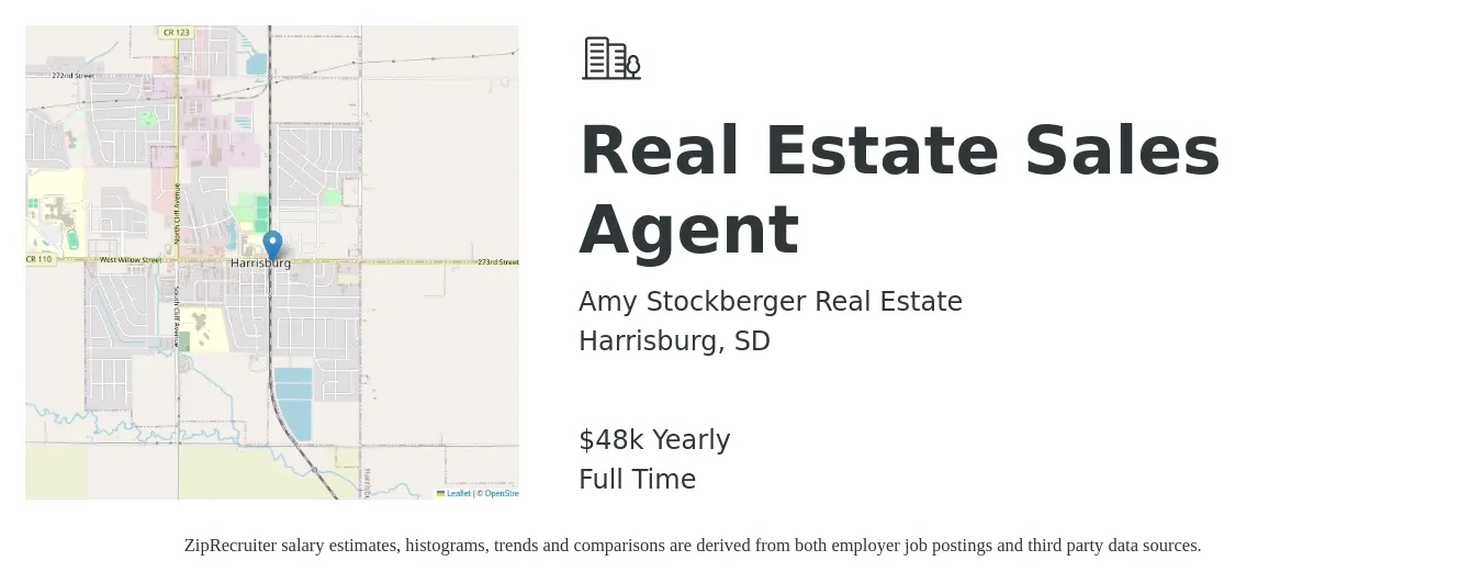 Amy Stockberger Real Estate job posting for a Real Estate Sales Agent in Harrisburg, SD with a salary of $48,227 Yearly with a map of Harrisburg location.
