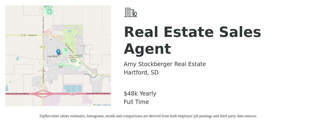 Amy Stockberger Real Estate job posting for a Real Estate Sales Agent in Hartford, SD with a salary of $48,227 Yearly with a map of Hartford location.