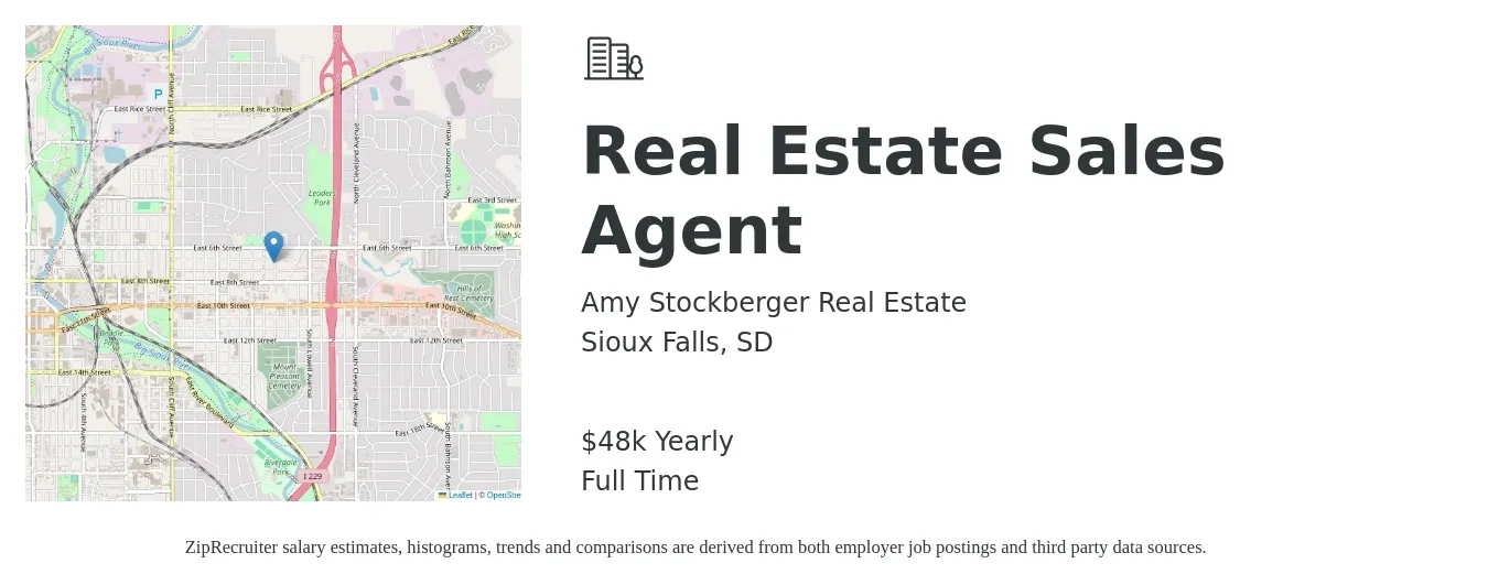 Amy Stockberger Real Estate job posting for a Real Estate Sales Agent in Sioux Falls, SD with a salary of $48,227 Yearly with a map of Sioux Falls location.