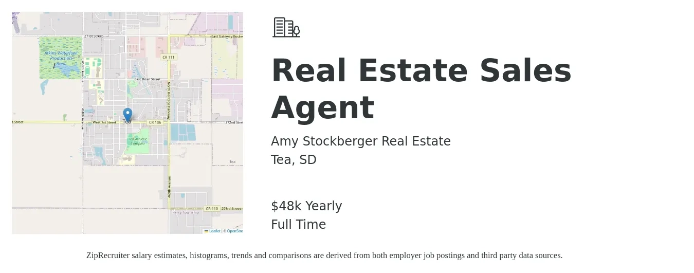 Amy Stockberger Real Estate job posting for a Real Estate Sales Agent in Tea, SD with a salary of $48,227 Yearly with a map of Tea location.