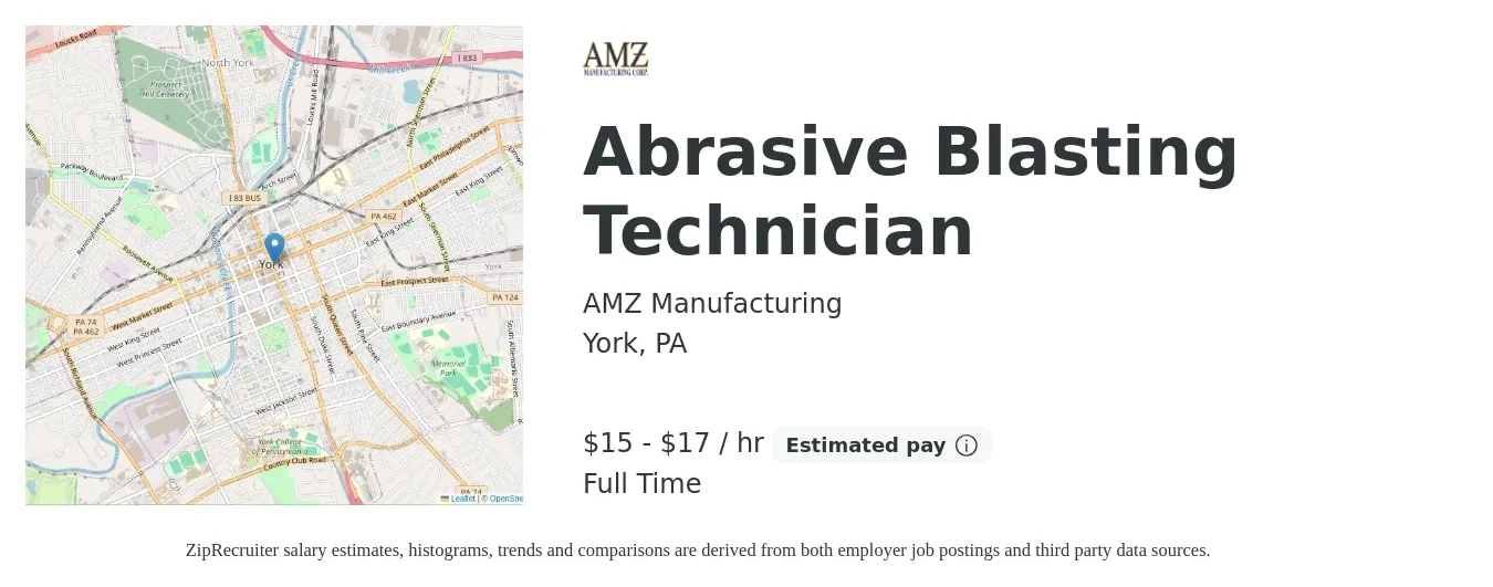 AMZ Manufacturing job posting for a Abrasive Blasting Technician in York, PA with a salary of $16 to $18 Hourly with a map of York location.