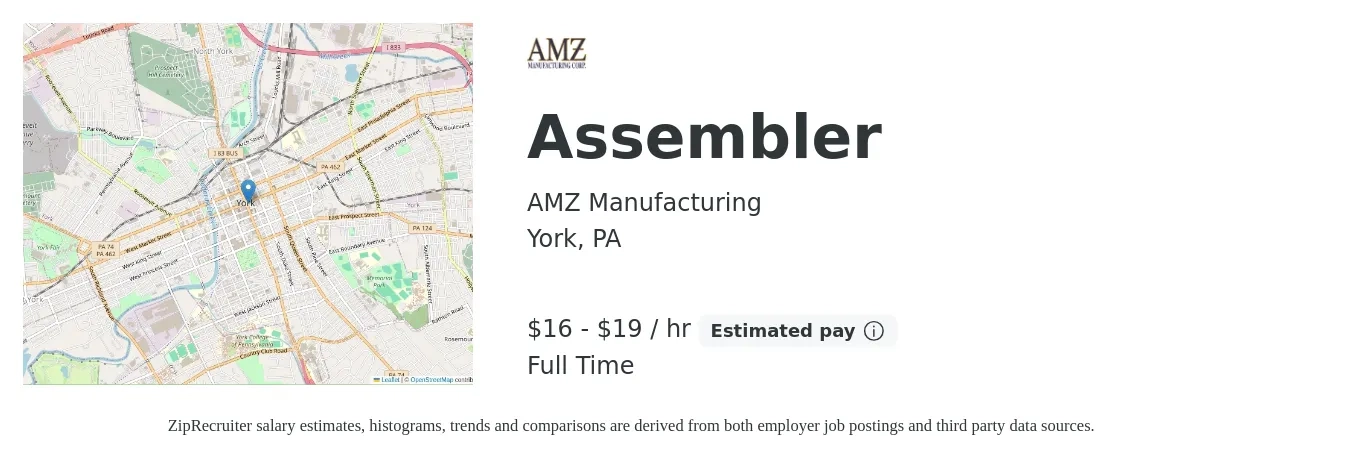 AMZ Manufacturing job posting for a Assembler in York, PA with a salary of $17 to $20 Hourly with a map of York location.