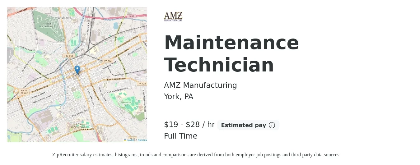 AMZ Manufacturing job posting for a Maintenance Technician in York, PA with a salary of $20 to $30 Hourly with a map of York location.