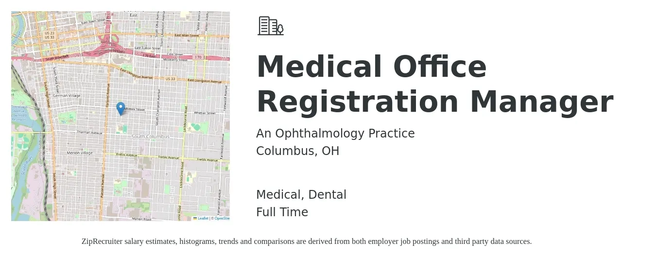 An Ophthalmology Practice job posting for a Medical Office Registration Manager in Columbus, OH with a salary of $43,500 to $62,800 Yearly and benefits including dental, medical, and retirement with a map of Columbus location.
