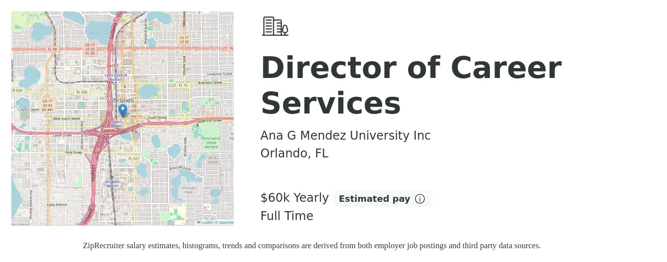 Ana G Mendez University Inc job posting for a Director of Career Services in Orlando, FL with a salary of $60,000 Yearly with a map of Orlando location.