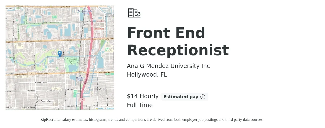 Ana G Mendez University Inc job posting for a Front End Receptionist in Hollywood, FL with a salary of $15 Hourly with a map of Hollywood location.