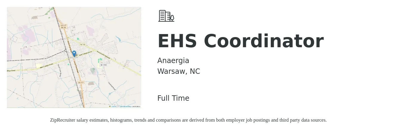 Anaergia job posting for a EHS Coordinator in Warsaw, NC with a salary of $24 to $34 Hourly with a map of Warsaw location.