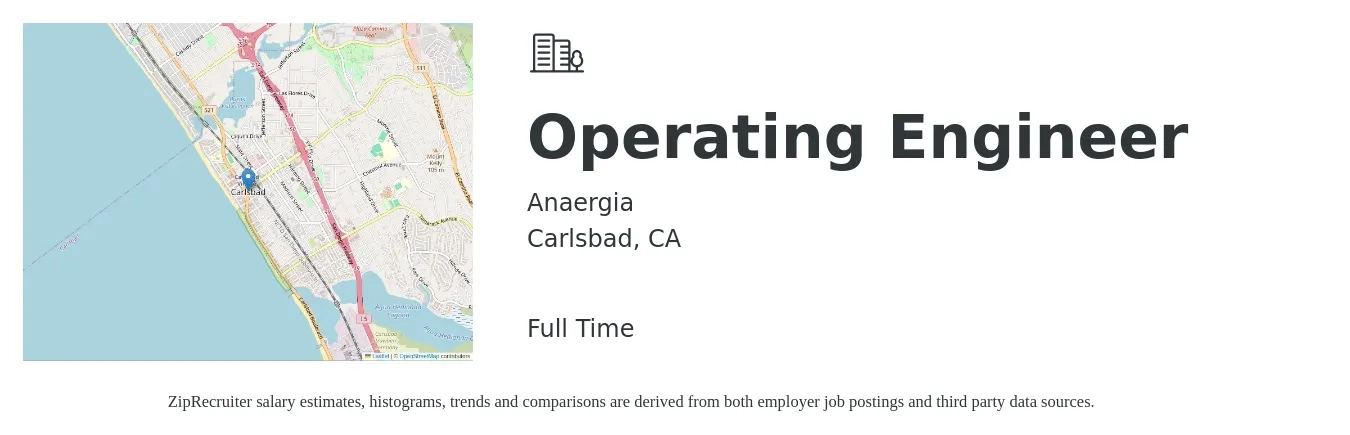 Anaergia job posting for a Operating Engineer in Carlsbad, CA with a salary of $80,000 to $100,000 Yearly with a map of Carlsbad location.
