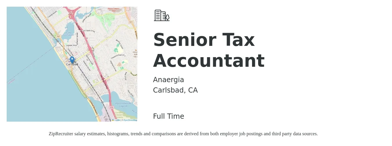 Anaergia job posting for a Senior Tax Accountant in Carlsbad, CA with a salary of $90,000 to $115,000 Yearly with a map of Carlsbad location.