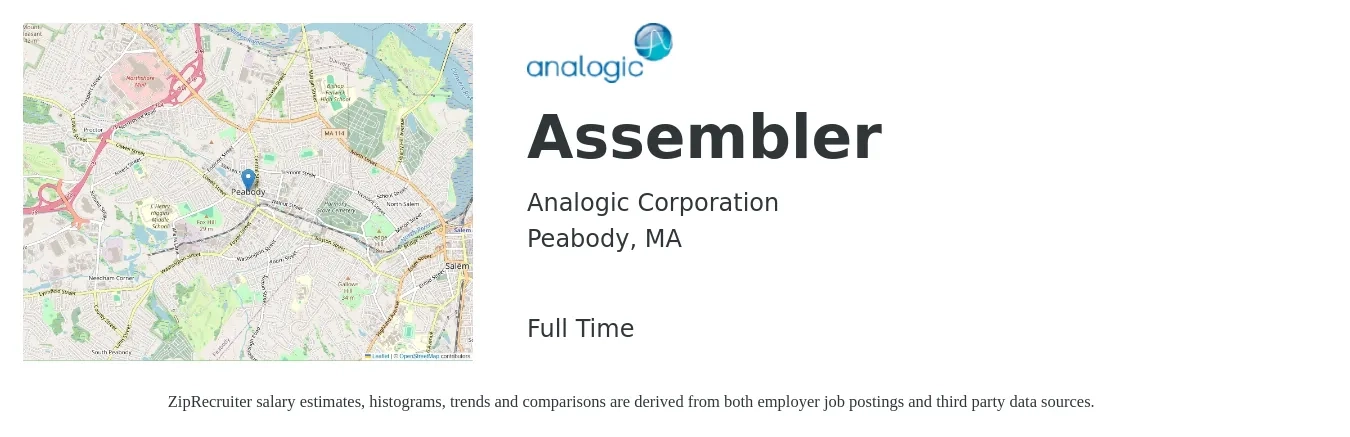 Analogic Corporation job posting for a Assembler in Peabody, MA with a salary of $18 to $22 Hourly with a map of Peabody location.