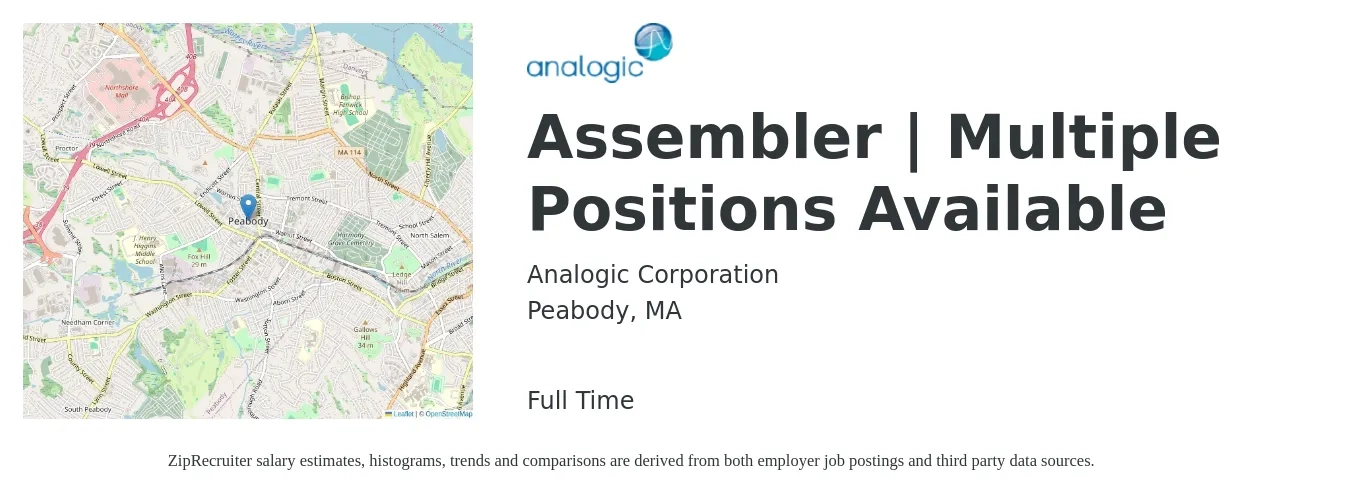 Analogic Corporation job posting for a Assembler | Multiple Positions Available in Peabody, MA with a salary of $18 to $22 Hourly with a map of Peabody location.