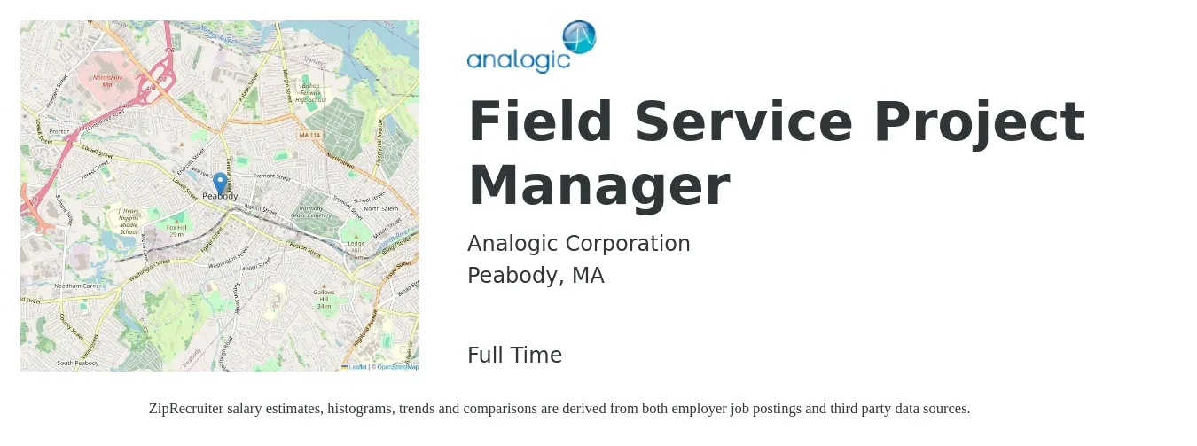 Analogic Corporation job posting for a Field Service Project Manager in Peabody, MA with a salary of $62,700 to $104,300 Yearly with a map of Peabody location.