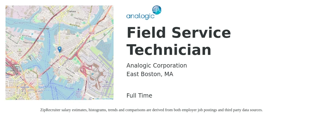 Analogic Corporation job posting for a Field Service Technician in East Boston, MA with a salary of $22 to $32 Hourly with a map of East Boston location.