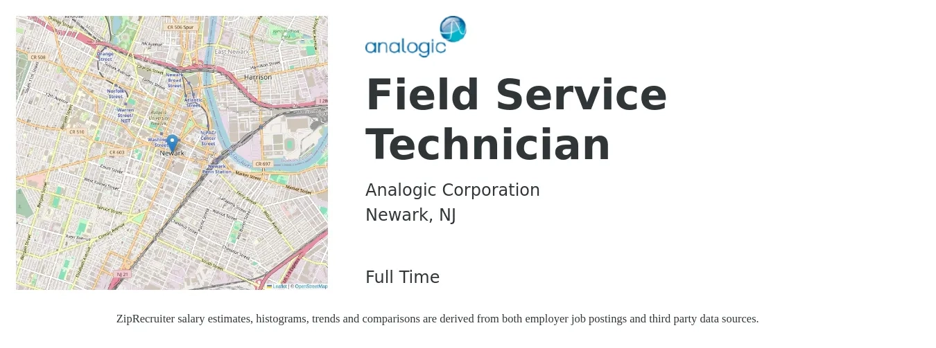 Analogic Corporation job posting for a Field Service Technician in Newark, NJ with a salary of $20 to $30 Hourly with a map of Newark location.
