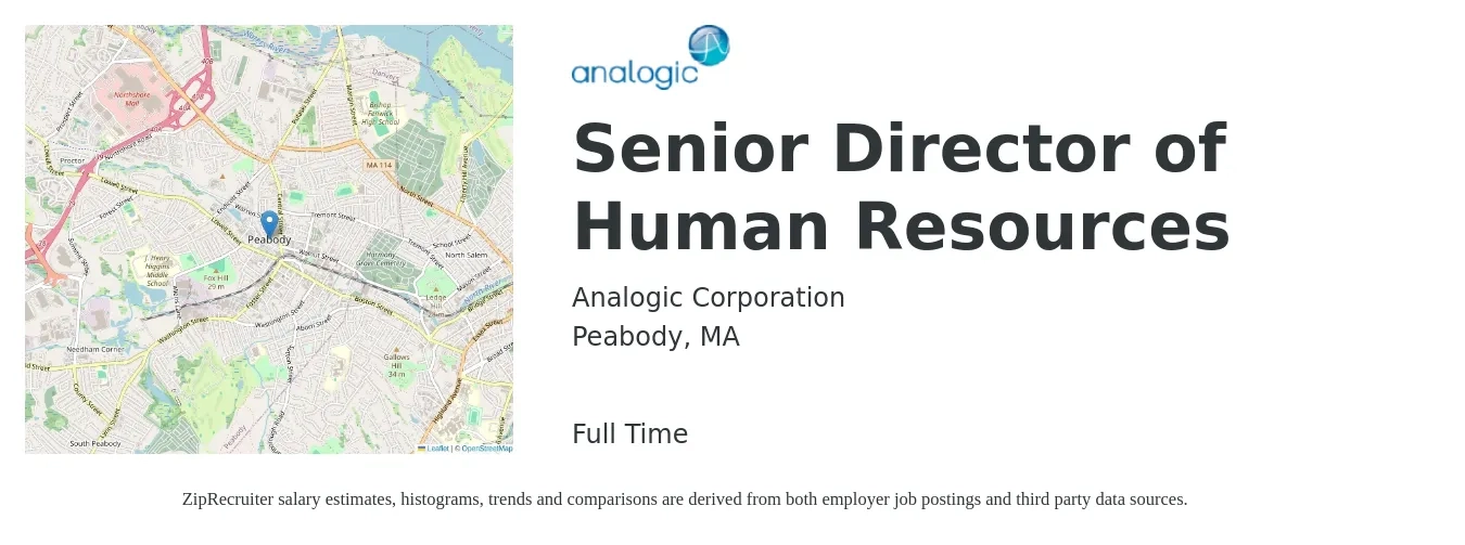 Analogic Corporation job posting for a Senior Director of Human Resources in Peabody, MA with a salary of $98,200 to $151,500 Yearly with a map of Peabody location.