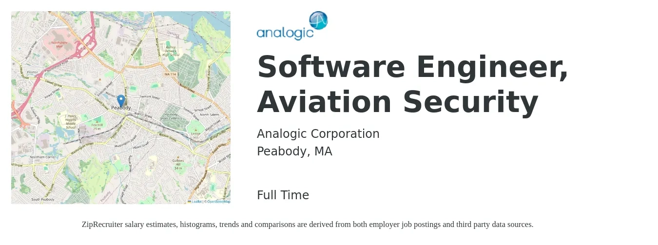 Analogic Corporation job posting for a Software Engineer, Aviation Security in Peabody, MA with a salary of $128,800 to $177,600 Yearly with a map of Peabody location.